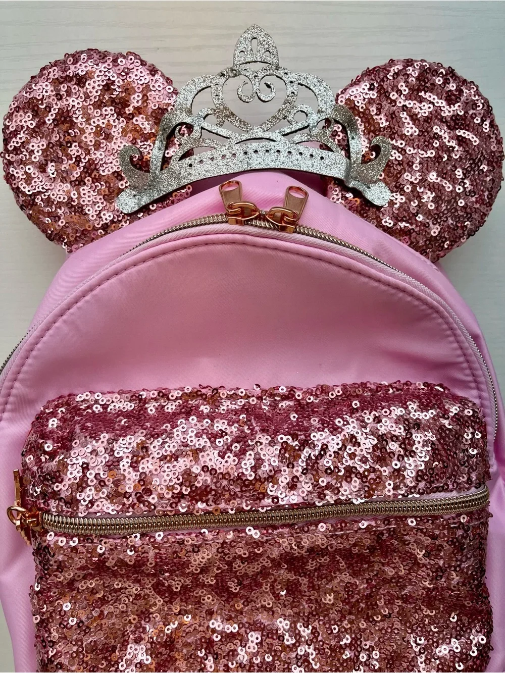 Disney Cruise Bibbidi Bobbidi Boutique Pink Sequin Minnie Ear Backpack Crown NEW